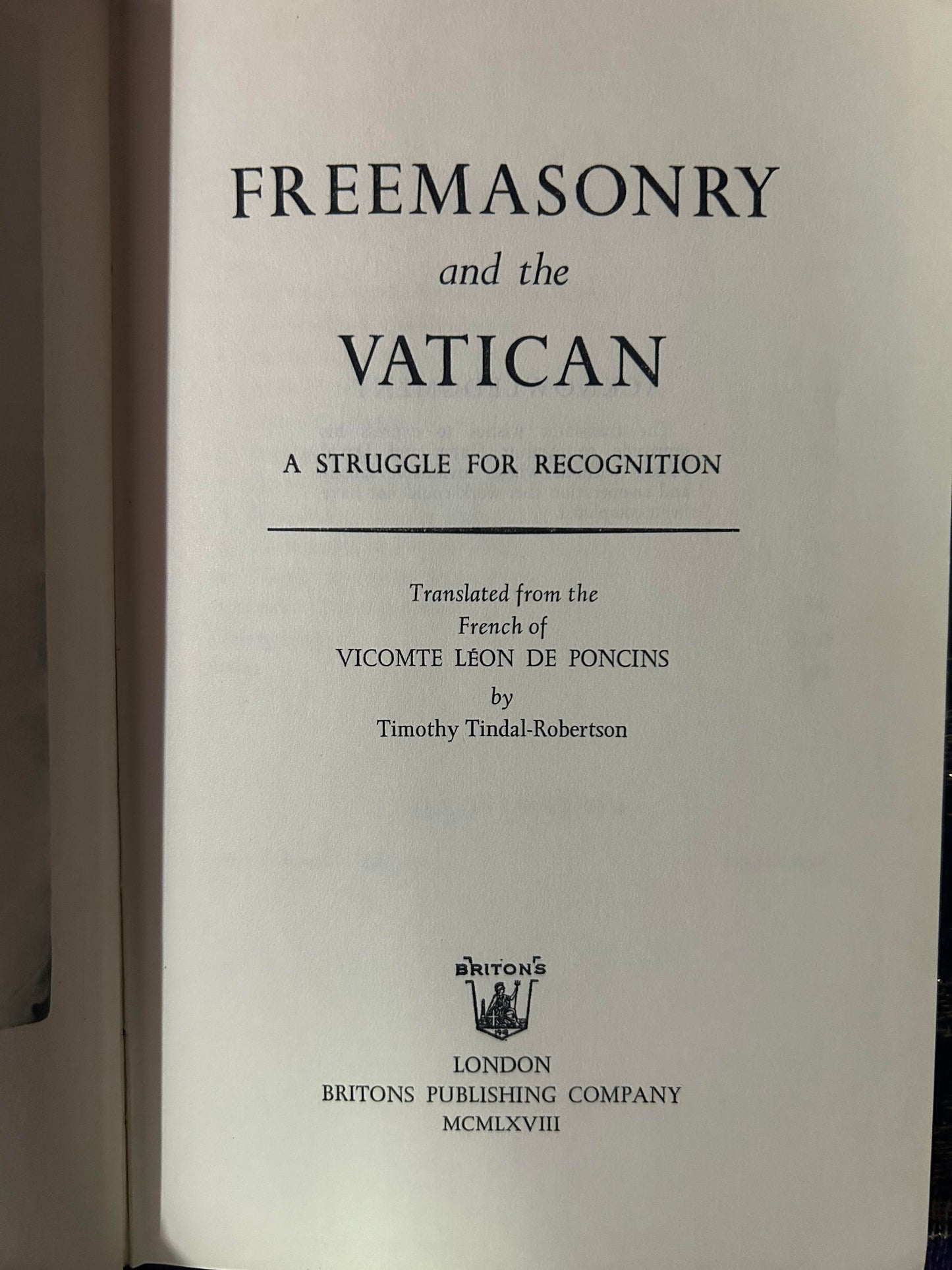 Freemasonry and the Vatican by Vicomte Leon De Poncins