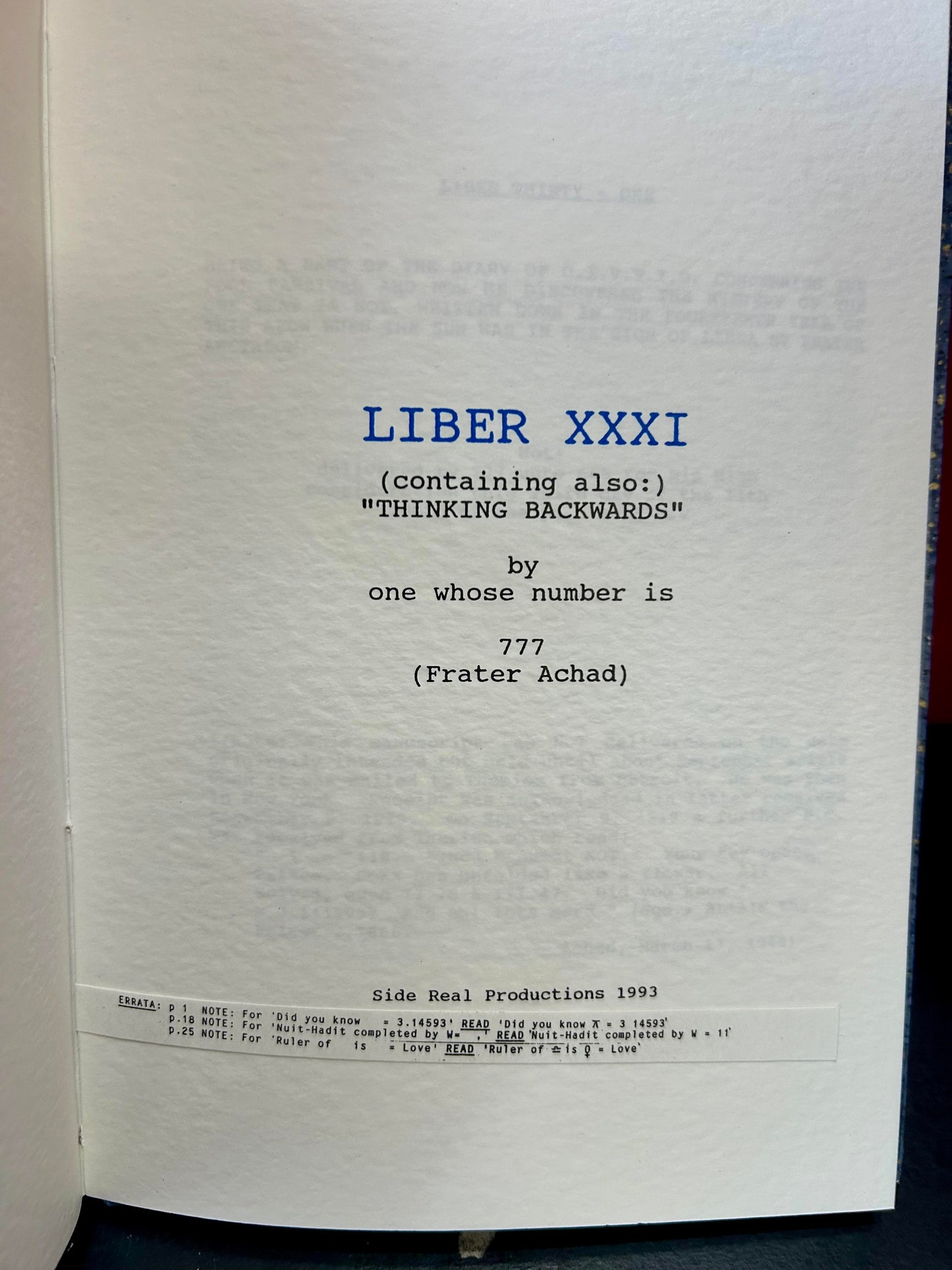 Liber XXXI by Frater Achad Limited Edition #258 of 310 Copies